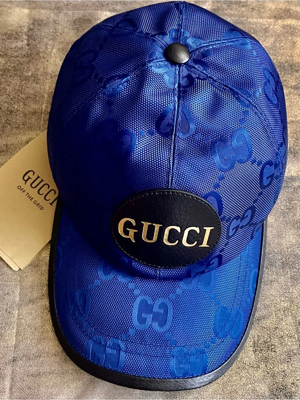 Gucci Blue GG Logo Cap with Black Leather Patch